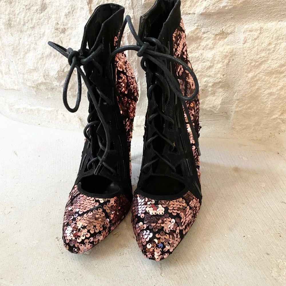 Privilege Starlit‎ Womens Rose Gold Black Sequin Size 7.5 Lace Up Stiletto Heels